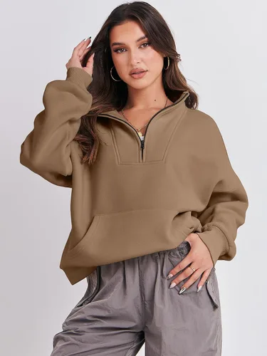 Vista 2 de ANRABESS Sudaderas de manga larga para mujer, forro polar de gran tamaño, media cremallera, sudaderas con capucha para adolescentes y niñas, suéter