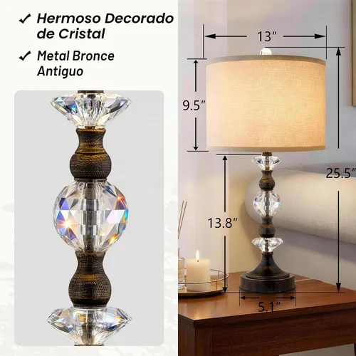 Vista 2 de Juego de 2 lámparas de mesa de cristal de 25.5" para dormitorio, lámparas de mesita de noche de bronce con puertos de carga USB A+C con pantalla