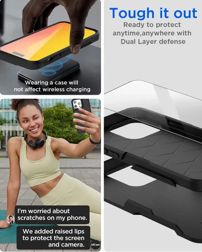Vista 5 de AICase Funda para iPhone 15 Pro con protector de pantalla de vidrio + lente de cámara, resistente protección contra caídas, cuerpo completo
