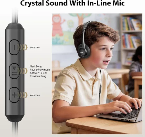 Vista 4 de Auriculares intraurales con cable USB-C con micrófono y control en línea, almohadillas de espuma cómodas, diadema ajustable para niños