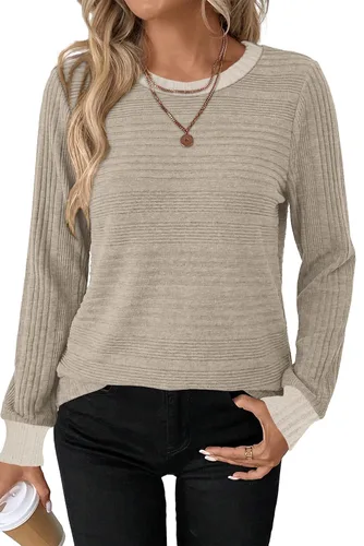 Vista 3 de WIHOLL Camisetas de manga larga para mujer, trajes de otoño, camisas de Caqui