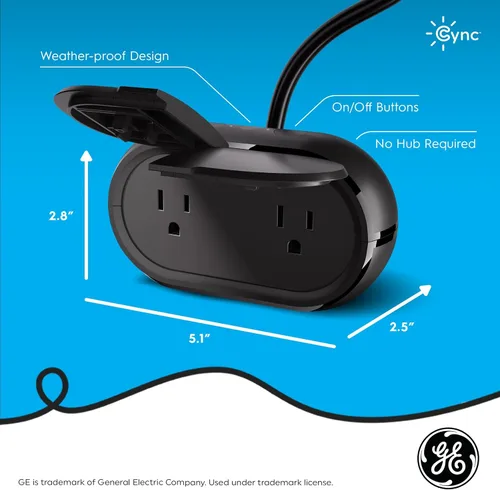 Vista 7 de GE Cync - Enchufe inteligente, enchufe Bluetooth para exteriores y Wi-Fi, enchufe resistente a la intemperie, funciona con Alexa y Google, negro