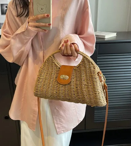 Vista 7 de Bolso cruzado de paja para mujer, tejido a mano, bolso de mano de ratán con asa superior de paja, bolso de hombro para playa de verano, bolso