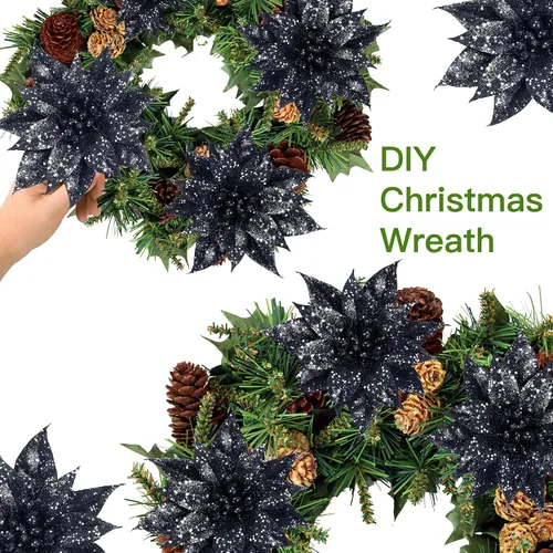 Vista 5 de Sggvecsy 15 piezas de flores de Halloween con purpurina para Navidad, adornos de árbol de Navidad con flores de pascua brillantes, flores