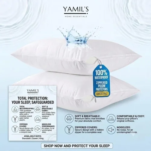 Vista 2 de YAMIL'S Home Essential Primium - Protector de almohada 100% impermeable con cremallera, tamaño estándar (juego de 2), blanco, a prueba de ácaros