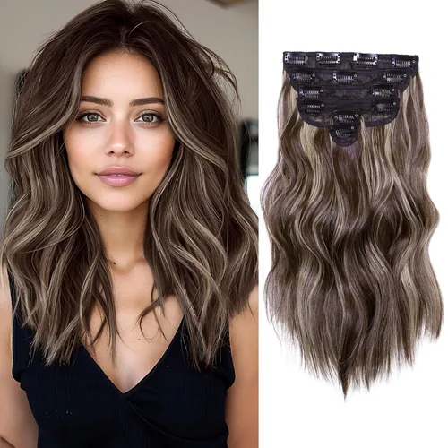 Vista 32 de NAYOO - Extensiones de cabello con clip, extensiones sintéticas onduladas de 20 pulgadas, 6 unidades Wavy Curly Hair, Full Head Coverage, Heat