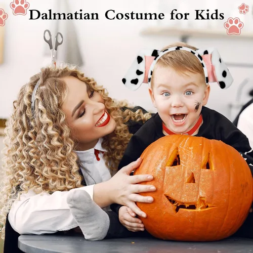 Vista 6 de U-Goforst Diadema con orejas de dálmata y cola Disfraz para mujer, disfraz de Halloween, cachorro, disfraz de perro, blanco y negro