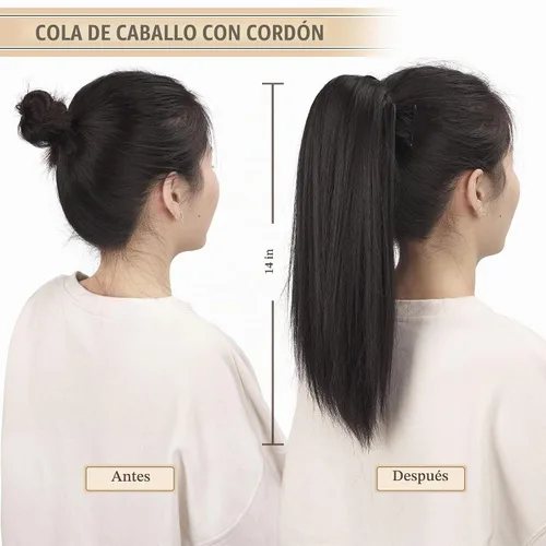 Vista 6 de BARSDAR Extensión de Cola de Caballo Corta y Recta - Extensiones de Cabello de Cola de Caballo con Cordón de 14 Pulgadas en Negro para Mujeres