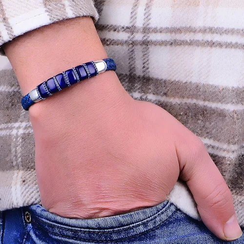 Vista 3 de Pulsera de cuero azul plateado para hombre, pulsera de piedra de zafiro natural pulsera de cuero genuino, pulsera de piedra de zafiro azul, plata