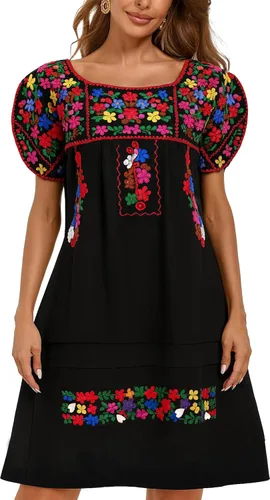 Vista 28 de YZXDORWJ Vestido bordado mexicano de manga corta para mujer 222BK