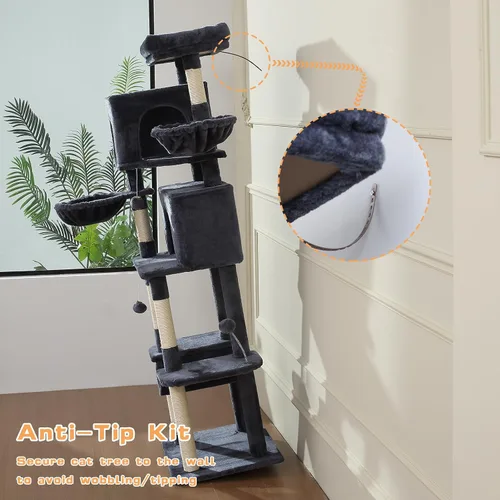Vista 7 de Letkind Árbol para gatos de 70 pulgadas, torre grande para gatos con hamaca, poste rascador, condominio y torre para gatos de varios niveles