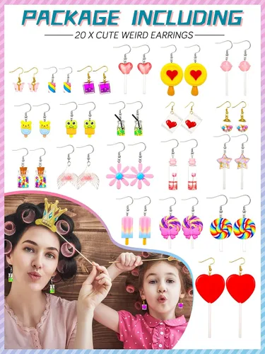 Vista 6 de 20 pares de aretes divertidos, adorables y raros para mujeres y niñas, con inclusión de osito de goma, té con leche, pez dorado, caricatura pintada