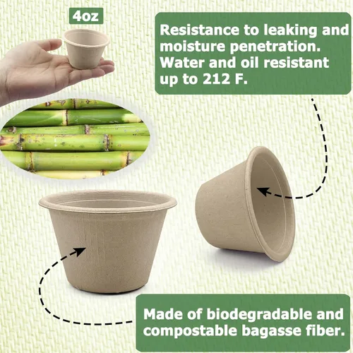 Vista 4 de CAMKYDE Vasos de Soufflé Desechables de Fibra de Bagazo de 2 oz, Paquete de 100, Vasos para Condimentos 100% Naturales Biodegradables Compostables