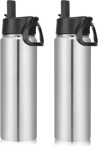 Vista 24 de Neihepal Botellas de agua aisladas de 22 onzas con tapa con popote a prueba de fugas, botella de agua de acero inoxidable de doble pared de boca