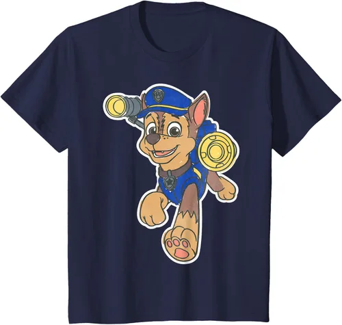 Vista 57 de Paw Patrol Chase Character Patch - Camiseta negra de manga corta con cuello redondo y ajuste clásico, talla S Negro