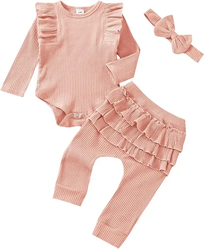 Vista 15 de Ropa de bebé para niña recién nacida, conjunto de trajes de otoño e invierno, mameluco de manga larga con volantes acanalados, juego de 3 piezas