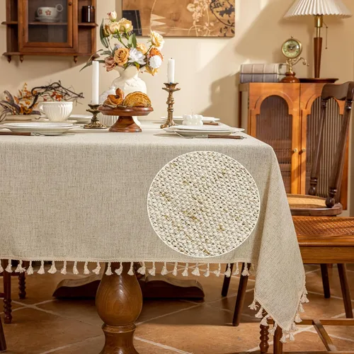 Vista 11 de AmHoo Mantel de mezcla de lino, mantel rectangular de 7.12 oz/m² con costuras y borlas para cocina, comedor, boda, bufé, 55 x 55 pulgadas