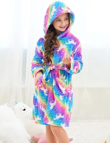 Vista 4 de Doctor Unicorn Suave bata de baño con capucha arcoíris para niñas