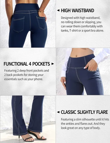 Vista 4 de VOOVEEYA Leggings con corte de bota para mujer, pantalones de yoga acampanados con 4 bolsillos, control de abdomen, pantalones de vestir casuales