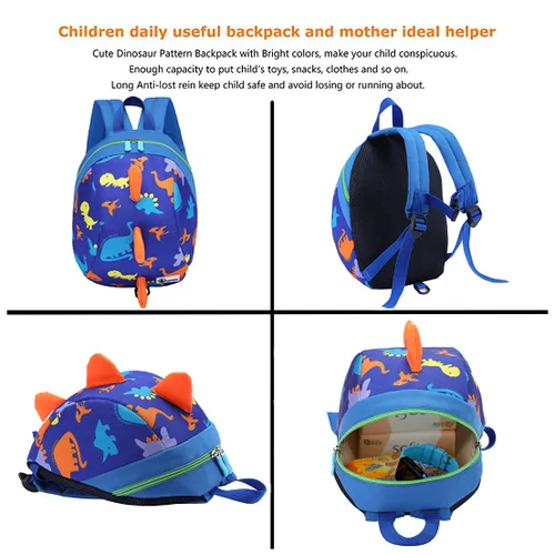 Vista 4 de DB Mini mochila de dinosaurio para niños pequeños con correa, arnés para niños y bebés (azul oscuro)