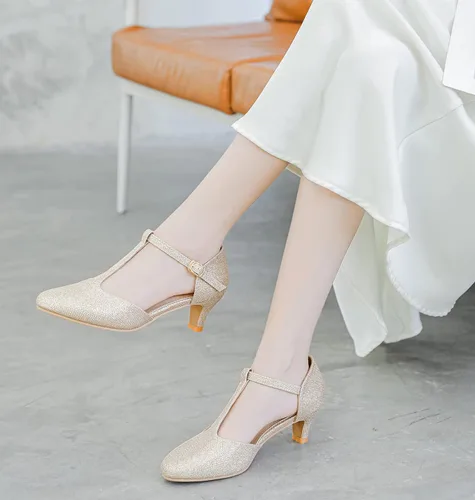 Vista 3 de kkdom Zapatos de tacón bajo con correa en T y puntera cerrada para mujer