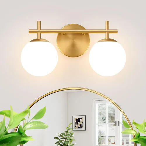 Vista 11 de Juego de dos apliques de pared dorados, paquete de 2 lámparas de baño de oro cepillado con vidrio de globo blanco lechoso, apliques modernos