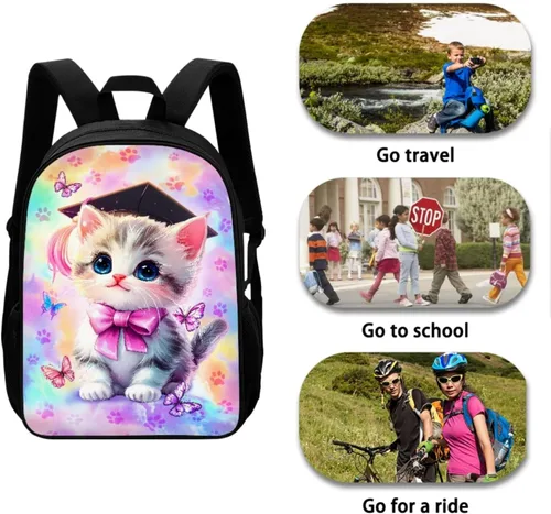 Vista 3 de Mochila escolar unisex para niños para escuela primaria y secundaria, gran capacidad, espacio de almacenamiento portátil, Kawaii Cat, Talla única