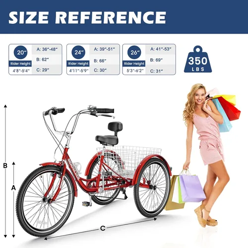 Vista 5 de Triciclos para adultos de 7 velocidades, bicicletas de 3 ruedas de 24/26 pulgadas, bicicletas de tres ruedas de crucero con canasta grande