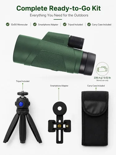 Vista 8 de Monocular de 12x50 para adultos, monocular de alta potencia con BAK4 Verde