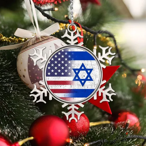 Vista 3 de Adornos de copo de nieve con la bandera estadounidense de Israel United We Stand with Israel, decoraciones de Navidad para árbol, adornos de Navidad