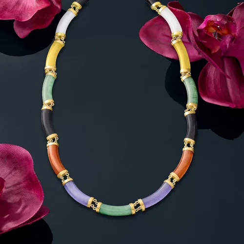 Vista 3 de Ross-Simons Collar de jade multicolor en oro amarillo de 18 quilates sobre plata de ley, Gema, jade