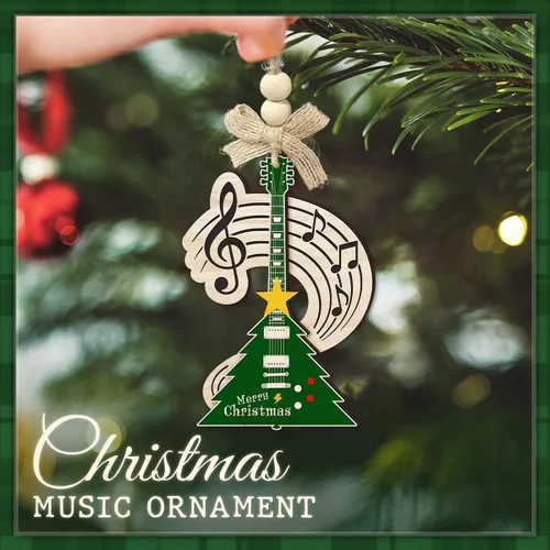 Vista 3 de Adorno navideño de guitarra eléctrica para árbol, adorno musical de madera de 2 capas con notas y clave de agudos, regalo único para músico