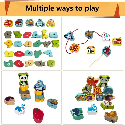 Vista 2 de Montessori - Cuentas de madera con cordones para niños, 42 piezas de actividades preescolares para automóvil, animales, verduras, cuentas, juguetes