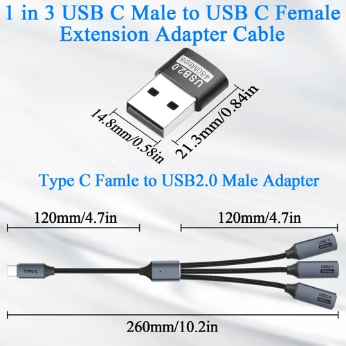 Vista 6 de QIANRENON Cable de extensión USB C 1 a 3 1 en 3 tipo C 2.0 macho a 3 hembra, con adaptador C a A Convertir USB2.0 macho a 3 USB C hembra ca-ble