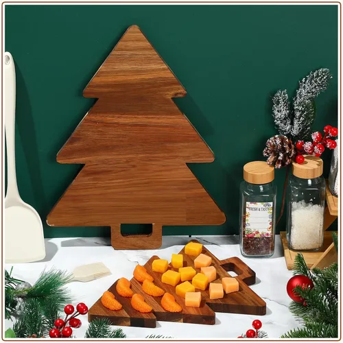 Vista 7 de Lallisa Tabla de madera para charcutería de árbol de Navidad con asas, tabla de cortar de acacia para cocina, queso, fruta, pan, aperitivos