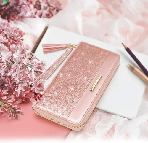Vista 8 de Coco Rossi Carteras para mujer, de piel sintética, tarjetero organizador con borla y correa de muñeca