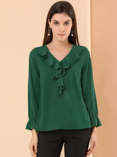 Vista 2 de Allegra K Blusa con volantes para mujer, elegante, cuello en V, manga larga, informal, elegante