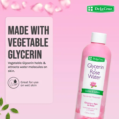 Vista 4 de De La Cruz Agua de rosas y glicerina para rostro - Tónico facial de agua de rosas e hidratante para piel y cabello, 8 fl oz (8.0 fl oz) - 3 botellas