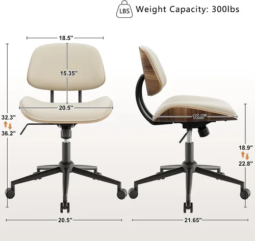 Vista 2 de Silla de Oficina sin Brazos con Ruedas, Silla de Escritorio de Cuero PU de Altura Ajustable - Silla de Computadora Ergonómica Giratoria de 360°