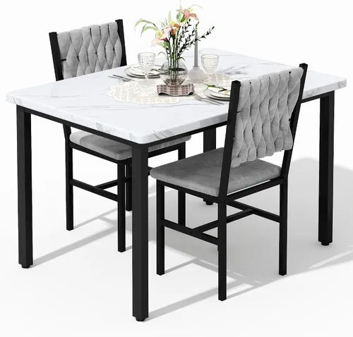 Vista 8 de AWQM Juego de mesa de comedor de 3 piezas para 2, mesa de comedor pequeña de cocina con sillas tapizadas, juego de mesa de comedor compacto para Gris