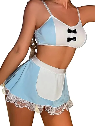 Vista 4 de FlatterMe Conjunto de lencería para mujer con lazo frontal de contraste de encaje