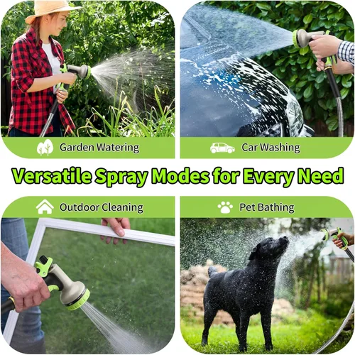 Vista 6 de GOXAWEE Manguera de jardín de 25 pies, manguera de agua resistente de acero inoxidable con boquilla de 10 funciones, sin torceduras, resistente