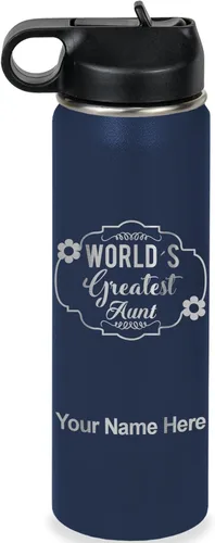 Vista 48 de LaserGram Botella de agua con tapa abatible de doble pared de 12 onzas con pajilla, la tía más grande del mundo, grabado personalizado incluido Negro