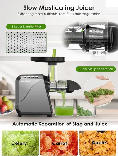 Vista 3 de Exprimidor de prensa en frío para naranja de apio, zanahoria, frutas y verduras, 250 W, máquina exprimidora lenta sin BPA, función inversa, fácil