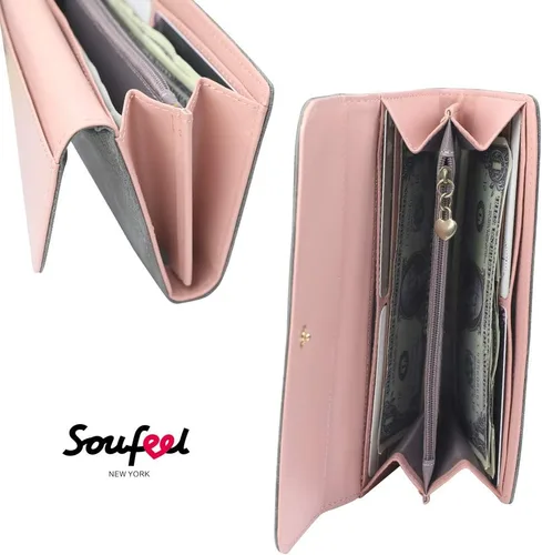 Vista 4 de SOUFEEL Billeteras personalizadas para mujer con foto personalizada, piel sintética, delgada, larga, triple, regalos para mamá, abuela, hija, Gris