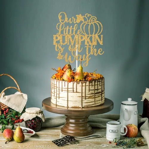 Vista 3 de Decoración para tartas con purpurina dorada, «Our Little Pumpkin is on the Way», «Sweet Little Pumpkin/A Little Pumpkin is on the Way», decoración