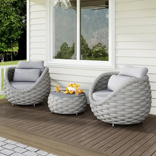 Vista 11 de Juego de muebles de patio de aluminio de 3 piezas: cuerda tejida a mano para conversación al aire libre, juego de 2 cojines modernos montados, juego