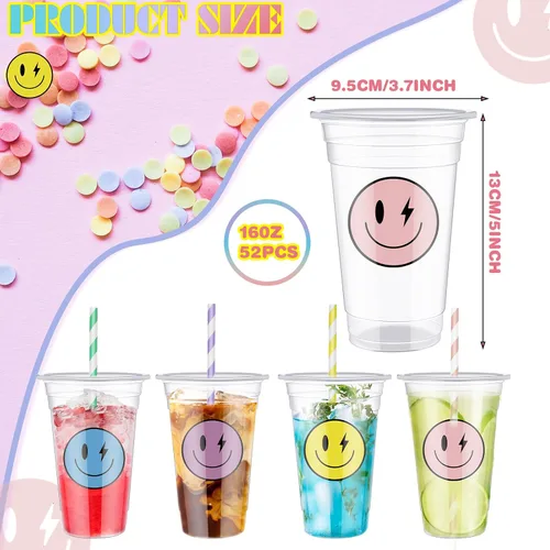 Vista 2 de Norme Juego de 52 vasos de plástico con tapa de cara sonriente de 16 onzas, tazas de café helado desechables transparentes con rayas
