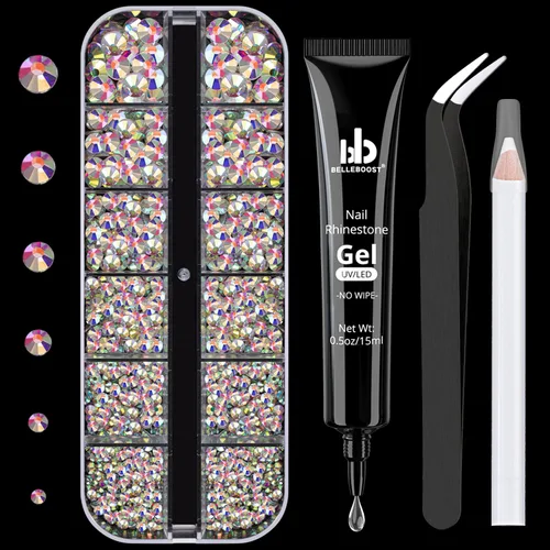 Vista 17 de Kit de pedrería para uñas BELLEBOOST, 15ml de pegamento de gel con strass + gemas coloridas + cristales de vidrio flatback AB y gemas transparentes