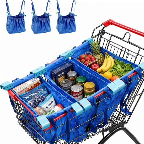 Vista 9 de Handy Sandy Paquete de 3 bolsas de compras reutilizables, bolsas resistentes para carrito de comestibles con clip universal, bolsas plegables